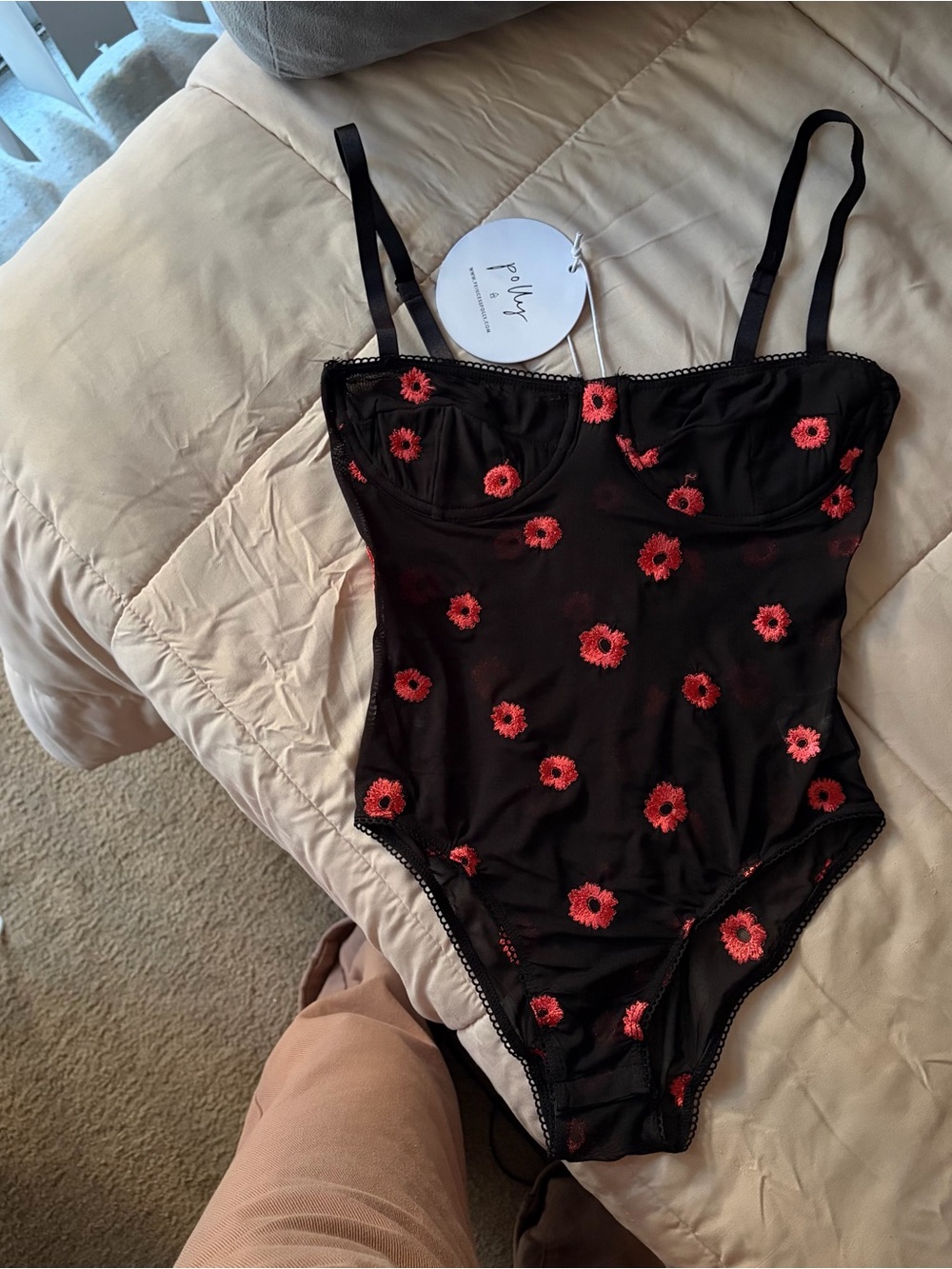 Black Floral Embroidered Bodysuit